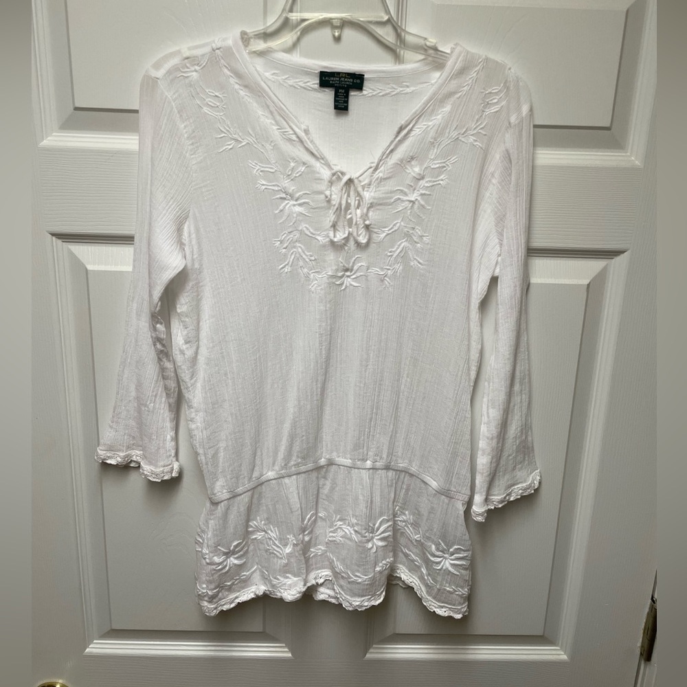 LRL Ralph Lauren Jean Company White Tie Up Blouse Women’s Size Petite PM